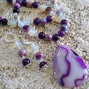 Handmade Gemstone Necklace Set Purple Swirl